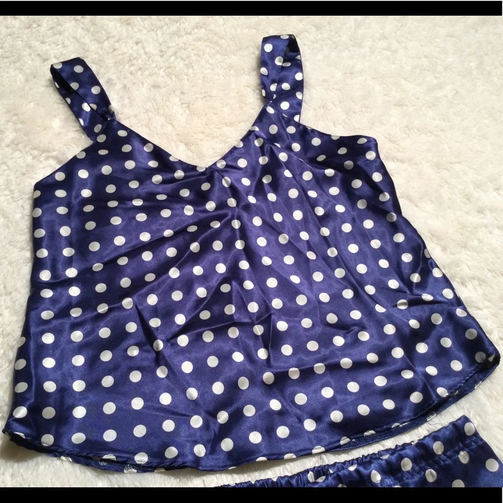 🌀2XHP!🌀VINTAGE | Satin Blue Silver Polka Dot PJs - Picture 3 of 12